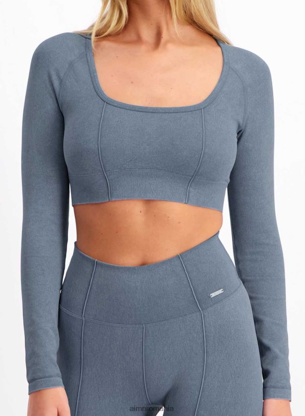 îmbrăcăminte AIM'N denim spălat fără cusături mânecă lungă decupată femei F22RH4335